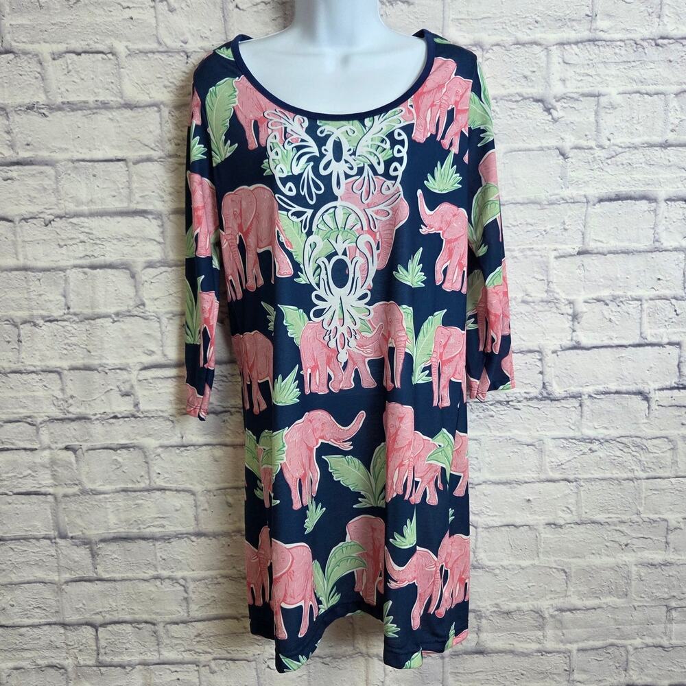 Simply Southern Small Navy Blue Elephant Print Shirt Dress 3/4 Sleeves